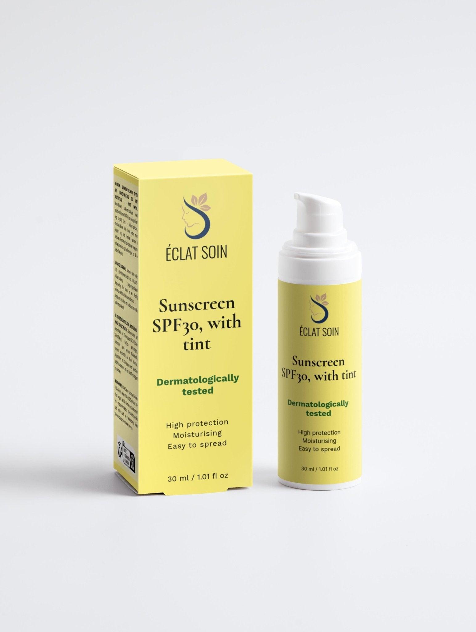 Eclat Soin Sunscreen SPF30 with Tint in a 30ml bottle, dermatologically tested and easy to spread